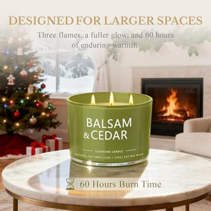 Balsam Cedar Candle – 12oz Soy 3-Wick, 60+ Hour Burn | Luxury Holiday Gift