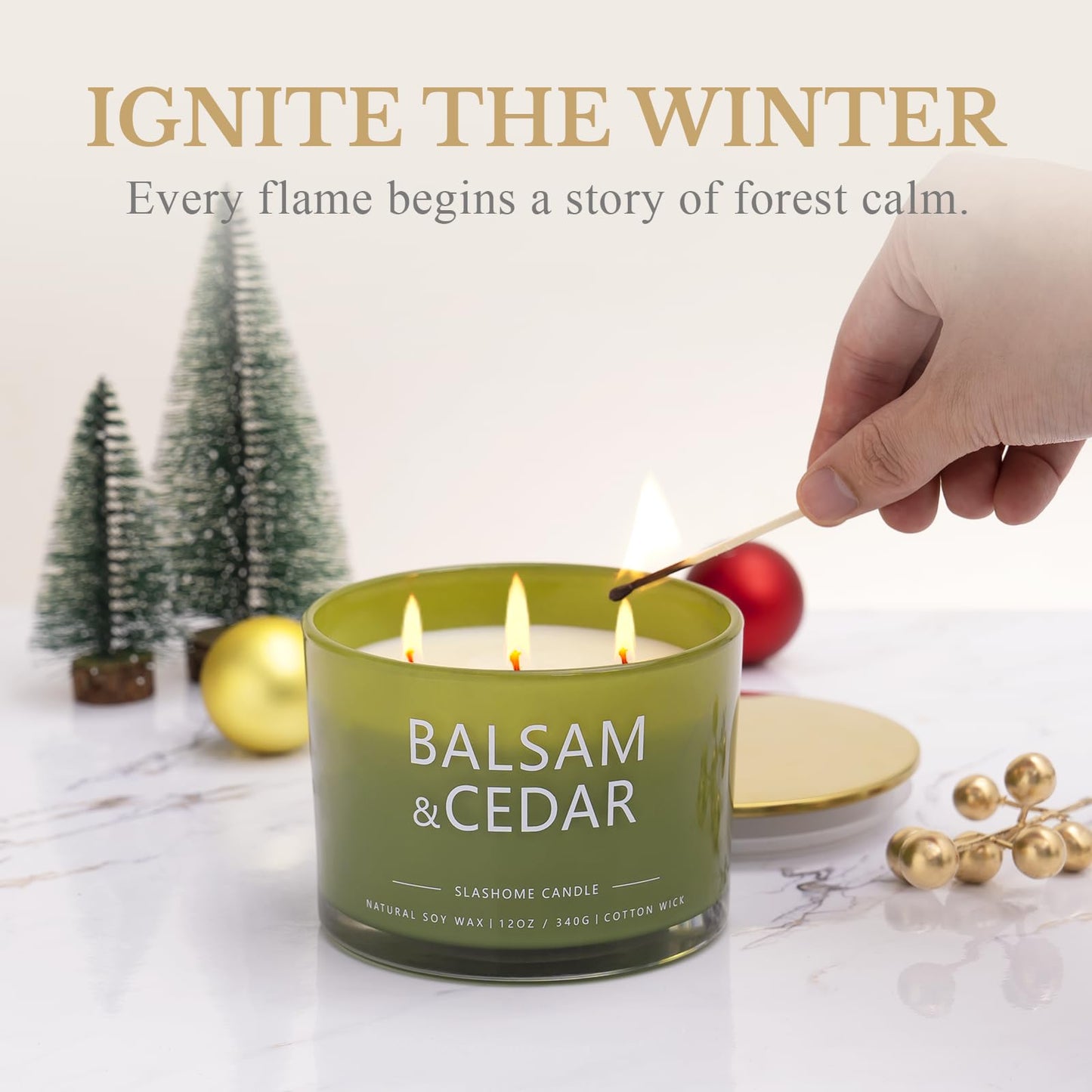 Balsam Cedar Candle – 12oz Soy 3-Wick, 60+ Hour Burn | Luxury Holiday Gift