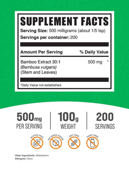 BulkSupplements Bamboo Extract Powder - Silica Supplement, 500 mg per Serving, 100 g Pack of 1