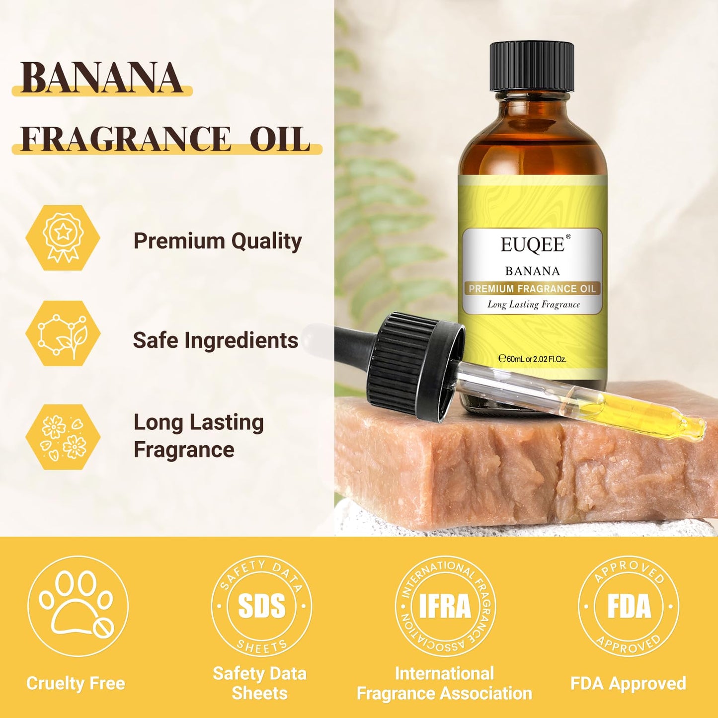 EUQEE Banana Fragrance Oil 60ml | Premium Essential Oil with Glass Dropper for Diffuser, Soap & Candle Making