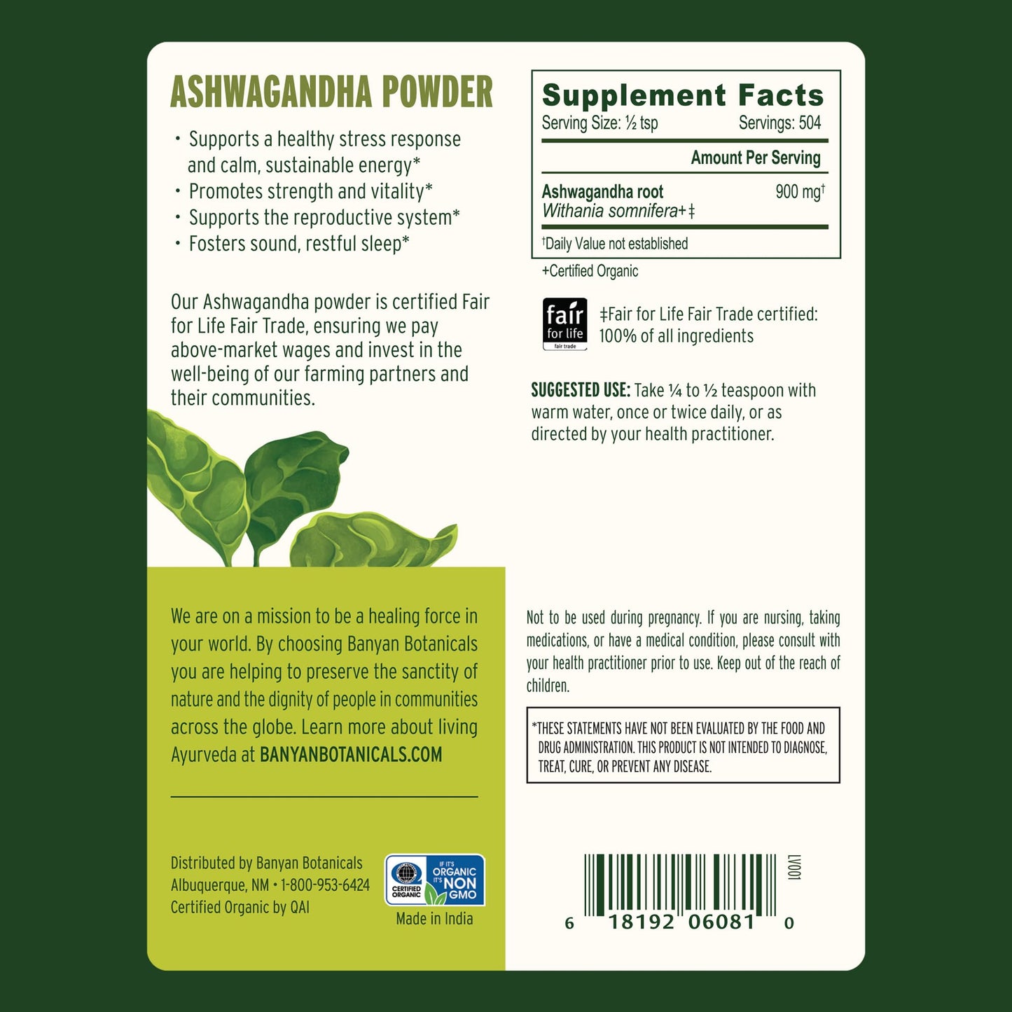 Banyan Botanicals Ashwagandha Powder – Organic, Non-GMO, 1lb