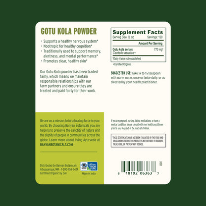 Banyan Botanicals Gotu Kola Powder – Organic Brahmi (Centella Asiatica)