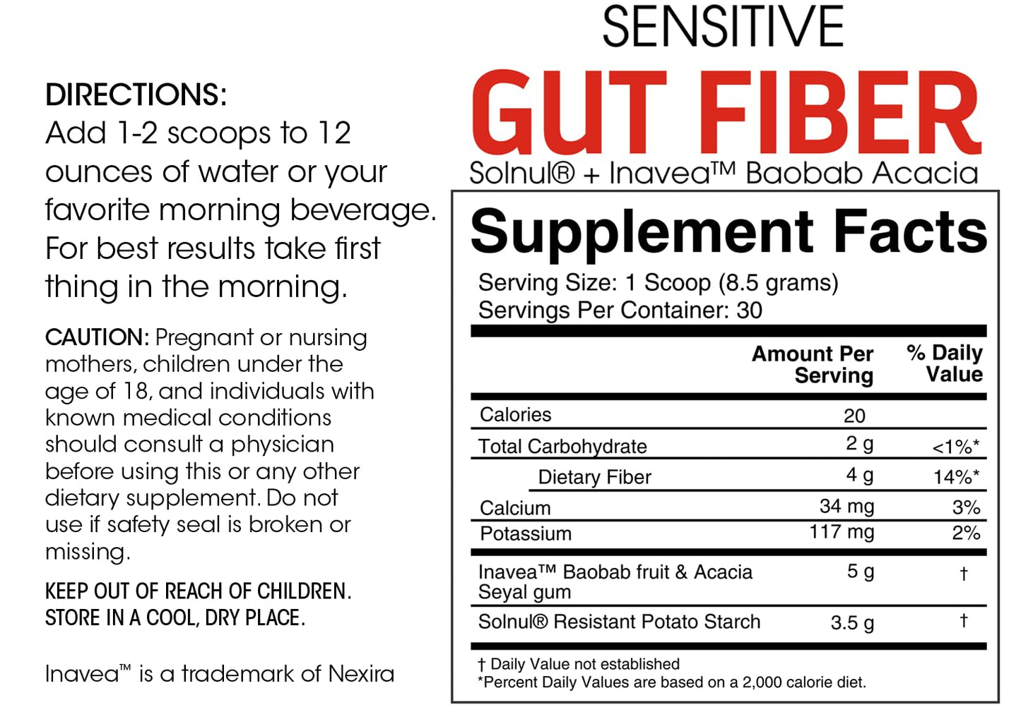 Silver Fern Sensitive Gut Fiber — 30 Scoops, 6 g Fiber per Serving