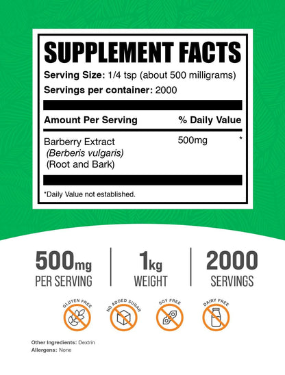 Barberry Extract Powder - BulkSupplements.com | 500 mg per Serving, 1kg, Vegan & Gluten Free