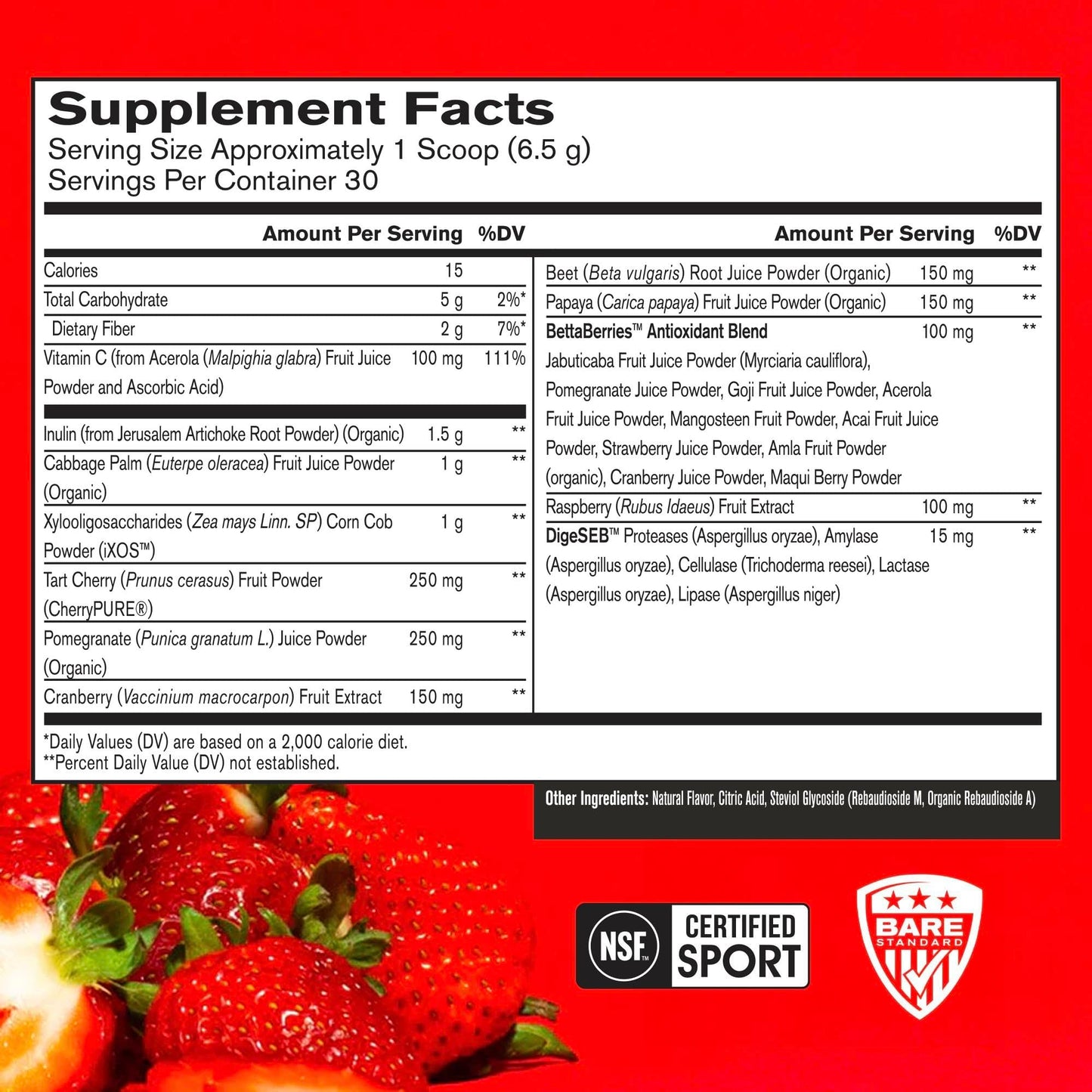 BARE PERFORMANCE NUTRITION Strong Reds Superfood Powder - Strawberry, 30 Servings