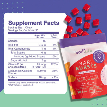 Calcium Citrate Bariatric Chews with 1000 IU Vitamin D3 | BariBurst by Bari Life - Fruit Punch