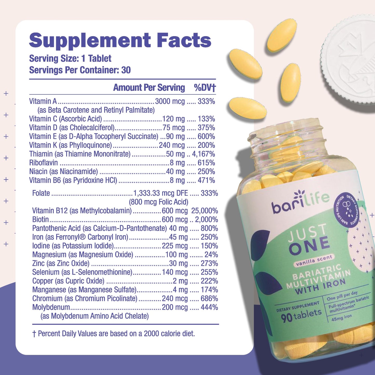 Bari Life Just One: Once Daily Bariatric Multivitamin with Iron – 90 Count for Gastric Sleeve & Bypass