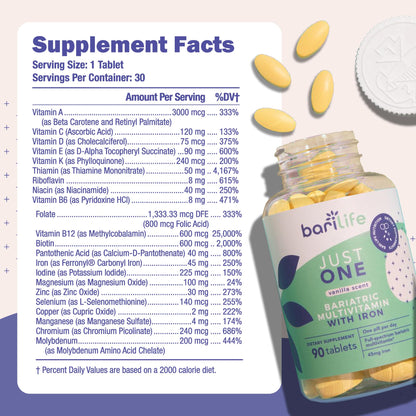 Bari Life Just One: Once Daily Bariatric Multivitamin with Iron – 90 Count for Gastric Sleeve & Bypass