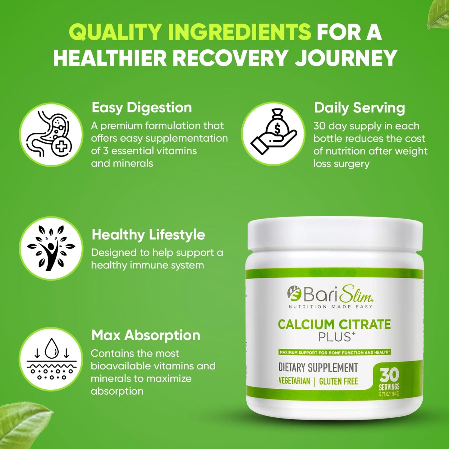 BariSlim Bariatric Calcium Citrate Powder – Post-Weight Loss Surgery Support | 600 mg, 30 Servings