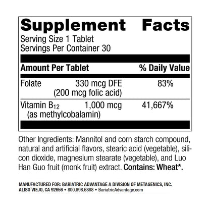 Bariatric Advantage B-12 Speedy Melts – 1000 mcg B12 + 200 mcg Folic Acid, Peppermint, 30 Count
