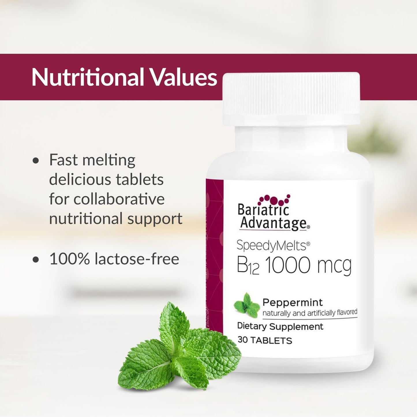 Bariatric Advantage B-12 Speedy Melts – 1000 mcg B12 + 200 mcg Folic Acid, Peppermint, 30 Count