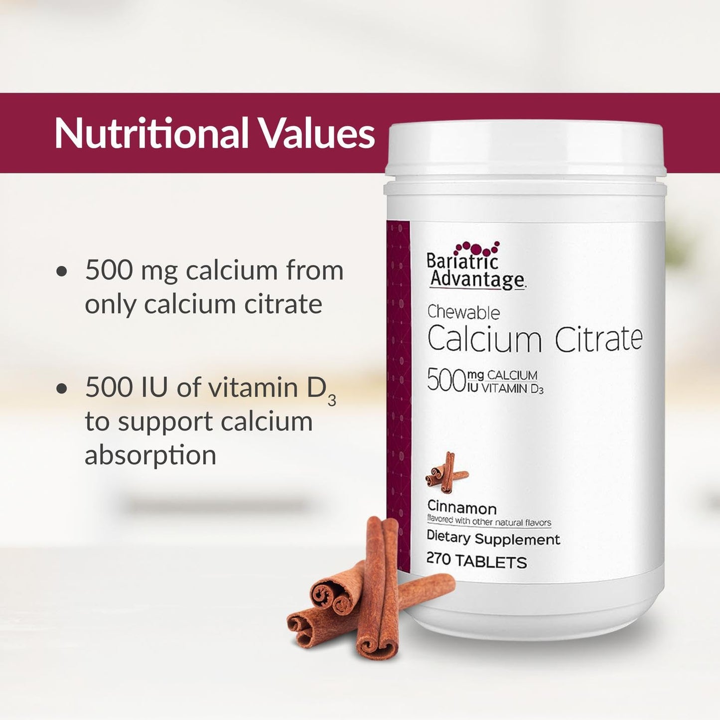 Bariatric Advantage Calcium Citrate Chewable 500 mg – Cinnamon | 270 Count – Post-Surgery Bariatric Calcium Supplement