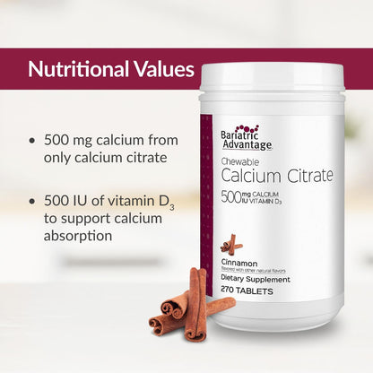 Bariatric Advantage Calcium Citrate Chewable 500 mg – Cinnamon | 270 Count – Post-Surgery Bariatric Calcium Supplement