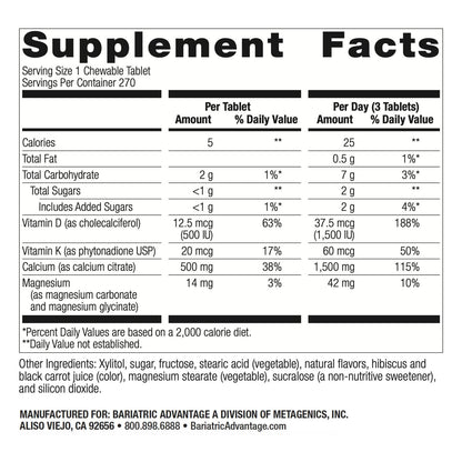 Bariatric Advantage Calcium Citrate Chewable 500 mg – Cinnamon | 270 Count – Post-Surgery Bariatric Calcium Supplement