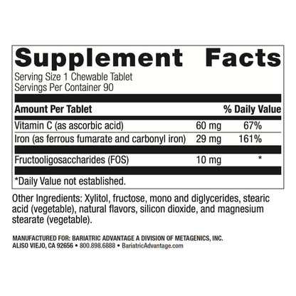 Bariatric Advantage Chewable Iron 29 mg — Post-Surgery Iron with Vitamin C, No Metallic Taste, 90 Count