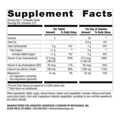 Bariatric Advantage Calcium Citrate Chewable 500mg with Vitamin D3 – Wild Cherry, 270 Count