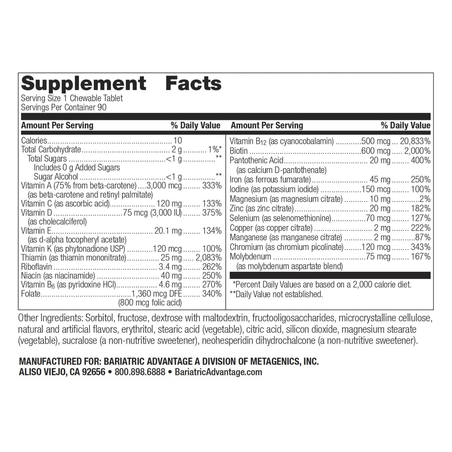 Bariatric Advantage Chewable Ultra Solo with Iron – Once-Per-Day Multivitamin for Bariatric Patients | Citrus | 90 Tablets