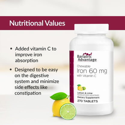 Bariatric Advantage Chewable Iron 60 mg with Vitamin C - Lemon Lime, 270 Count | Increased Absorption & Easy Digestibility for Post-Bariatric Patients