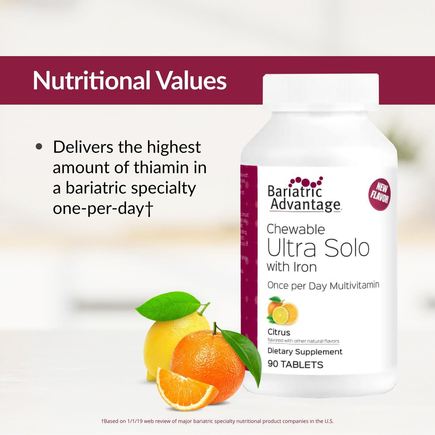 Bariatric Advantage Chewable Ultra Solo with Iron – Once-Per-Day Multivitamin for Bariatric Patients | Citrus | 90 Tablets