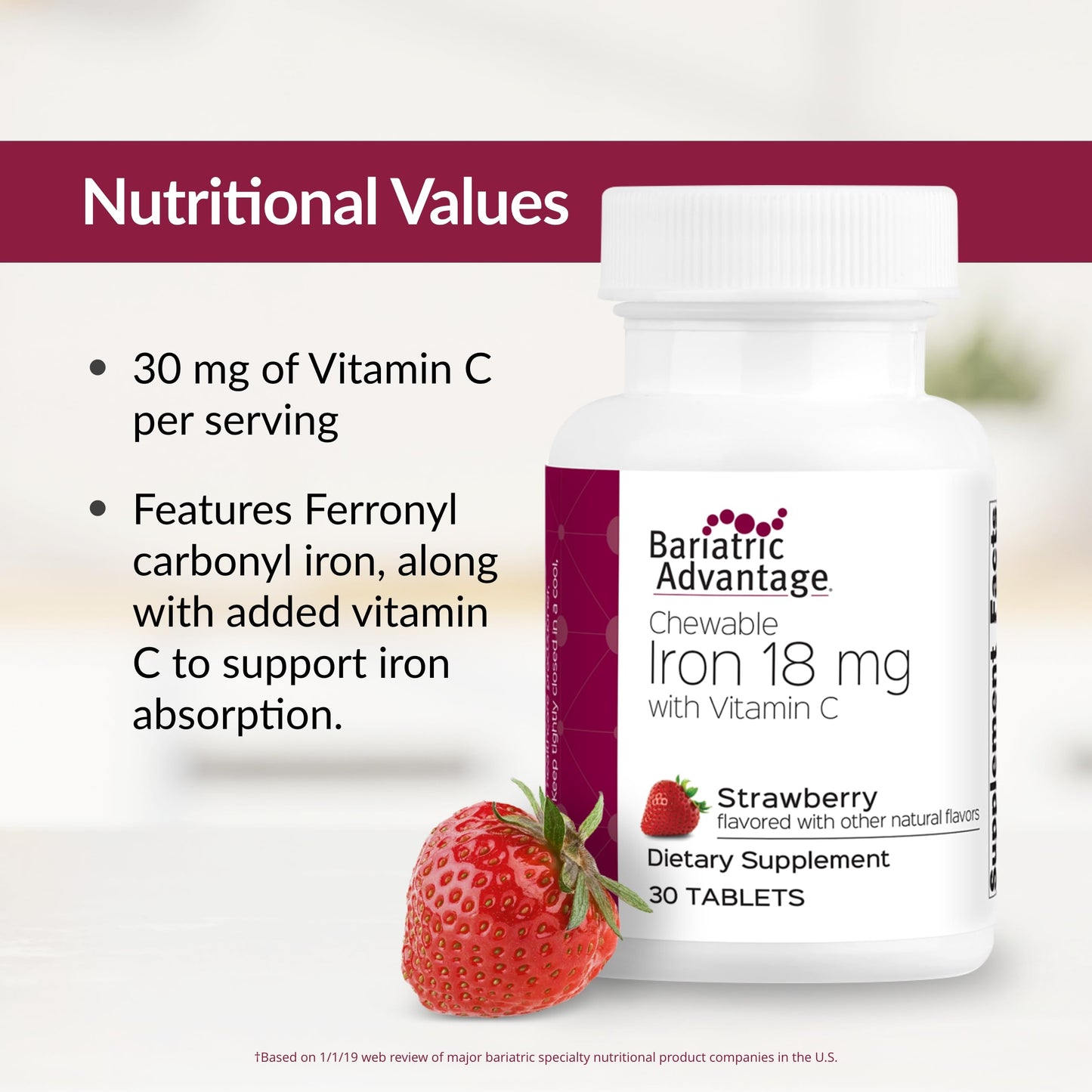 Bariatric Advantage Iron 18 mg with Vitamin C Chewable – Strawberry – 30 Tablets