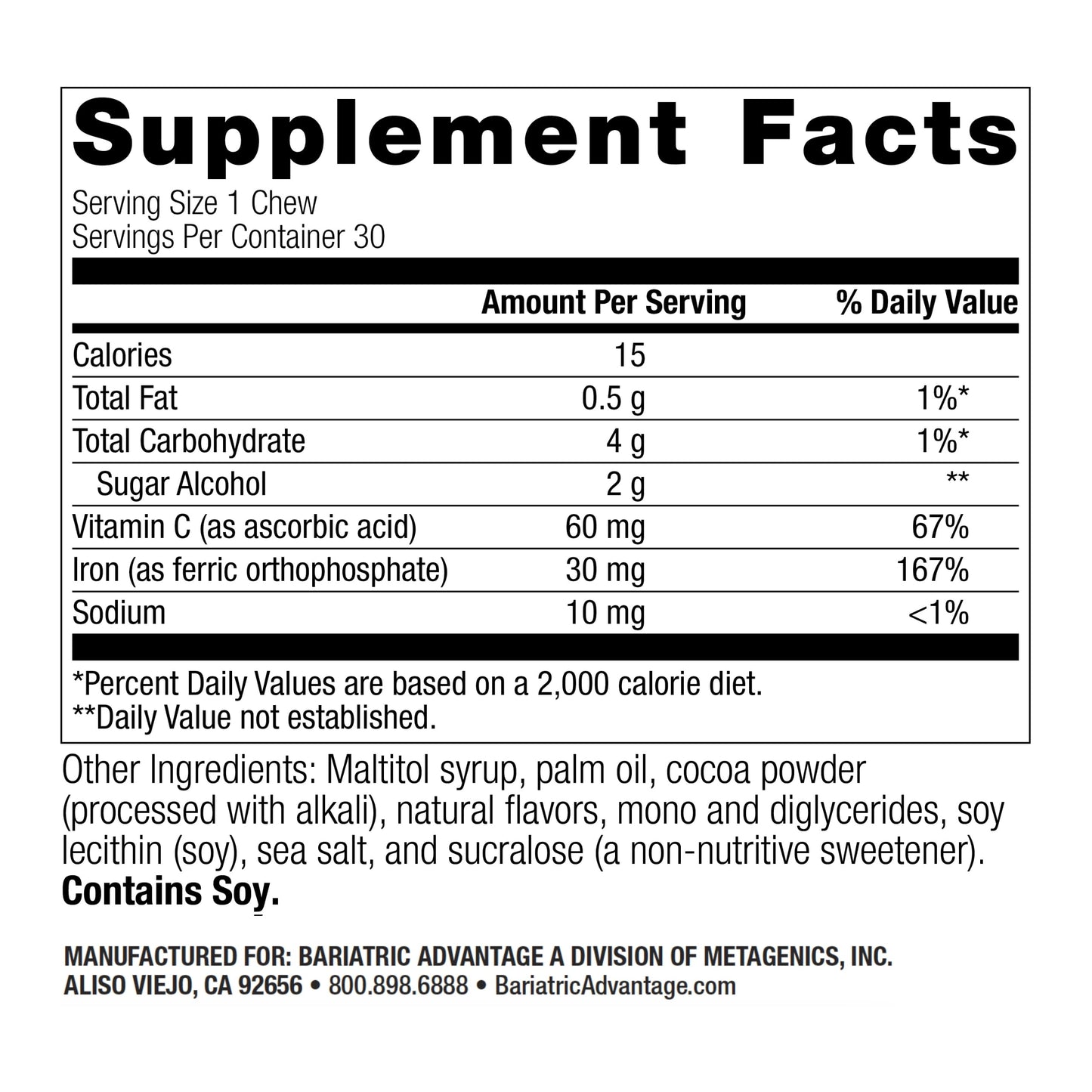 Bariatric Advantage Iron Chewy Bite Chocolate Raspberry Truffle (30 mg Iron, 60 mg Vitamin C) 30 Count (Pack of 2)