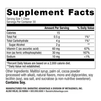 Bariatric Advantage Iron Chewy Bite Chocolate Raspberry Truffle (30 mg Iron, 60 mg Vitamin C) 30 Count (Pack of 2)