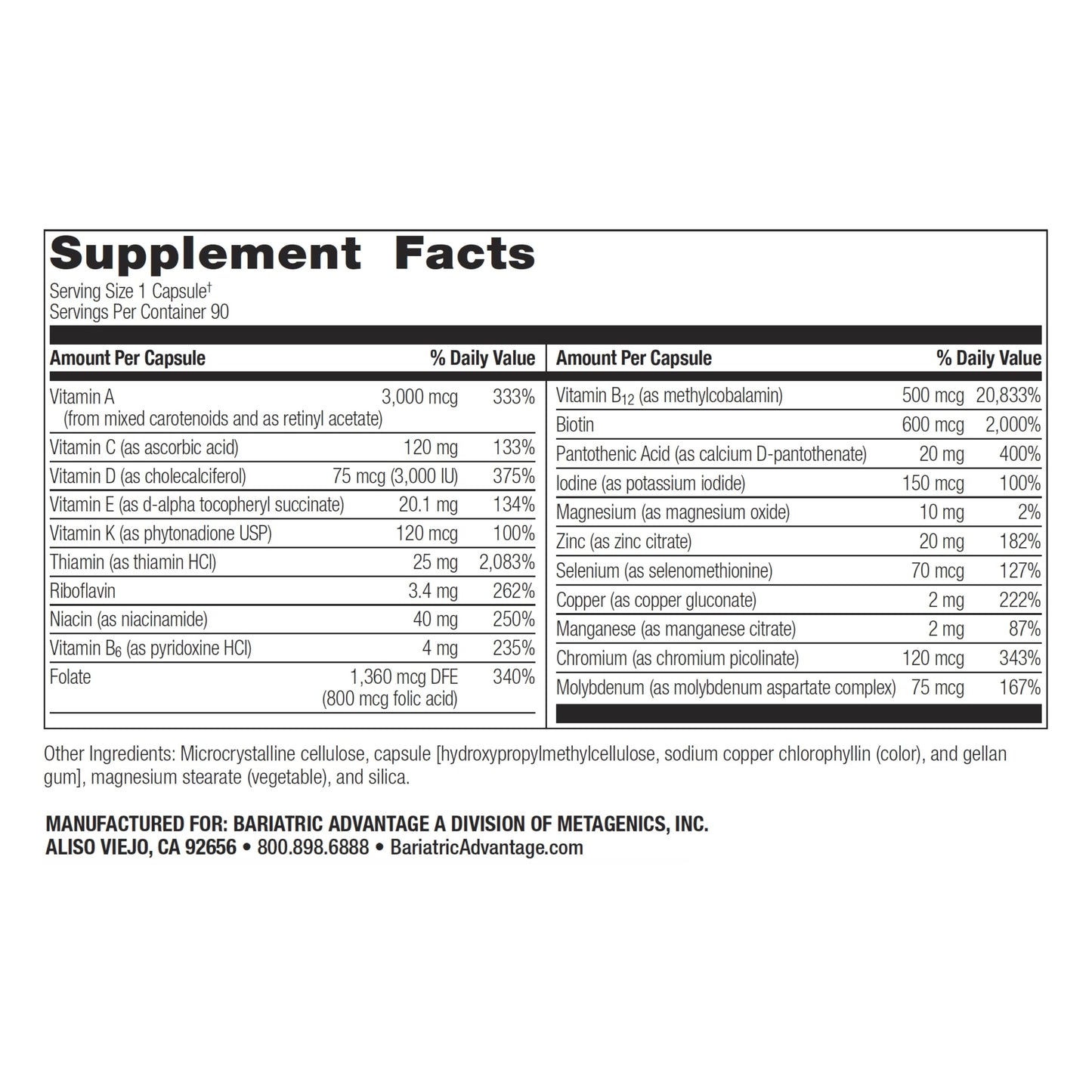Bariatric Advantage Ultra Solo Without Iron – Once-Per-Day Bariatric Multivitamin (Gluten-Free) – 90 Count