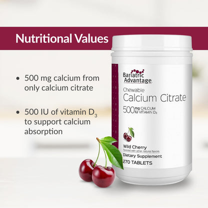 Bariatric Advantage Calcium Citrate Chewable 500mg with Vitamin D3 – Wild Cherry, 270 Count