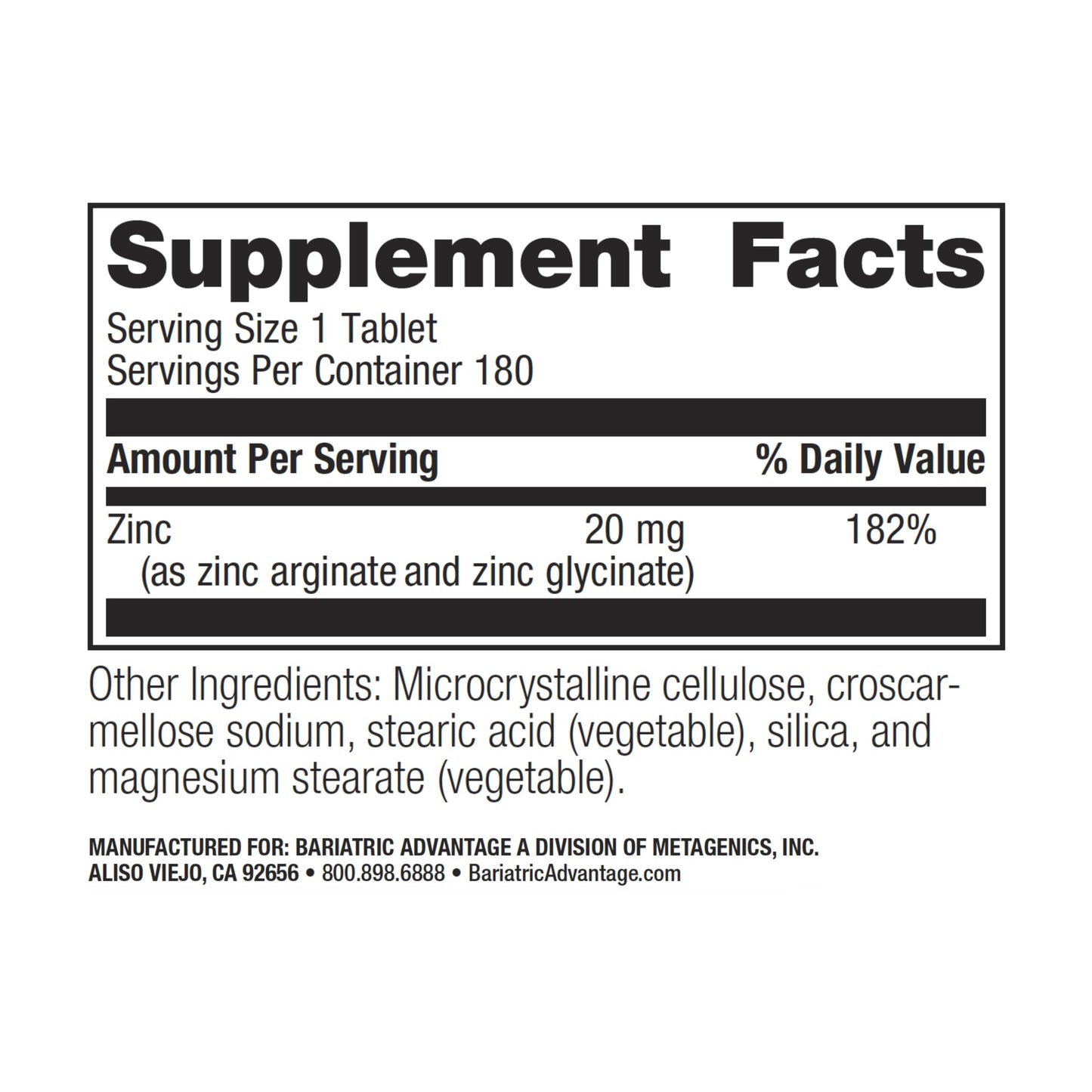 Bariatric Advantage Zinc Chelate 20 mg – Non-Chewable Tablets (180)