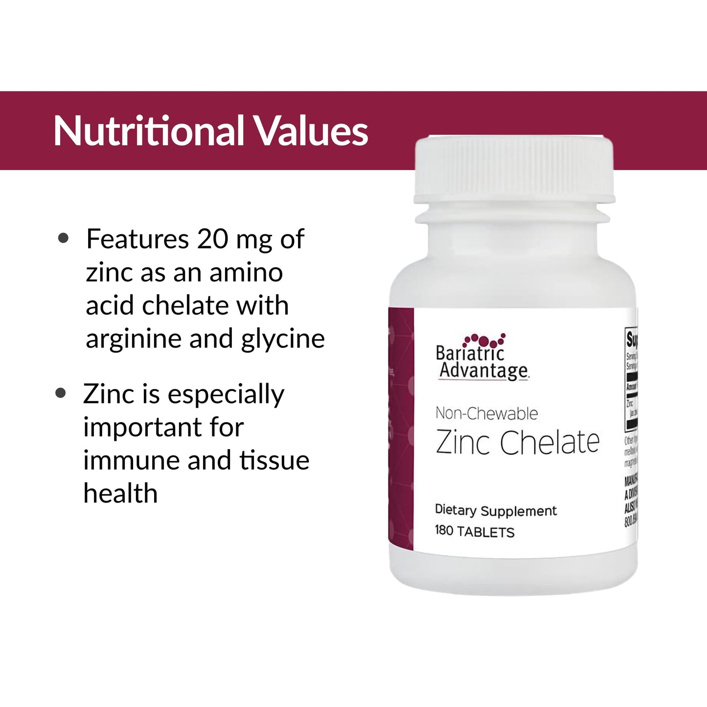 Bariatric Advantage Zinc Chelate 20 mg – Non-Chewable Tablets (180)