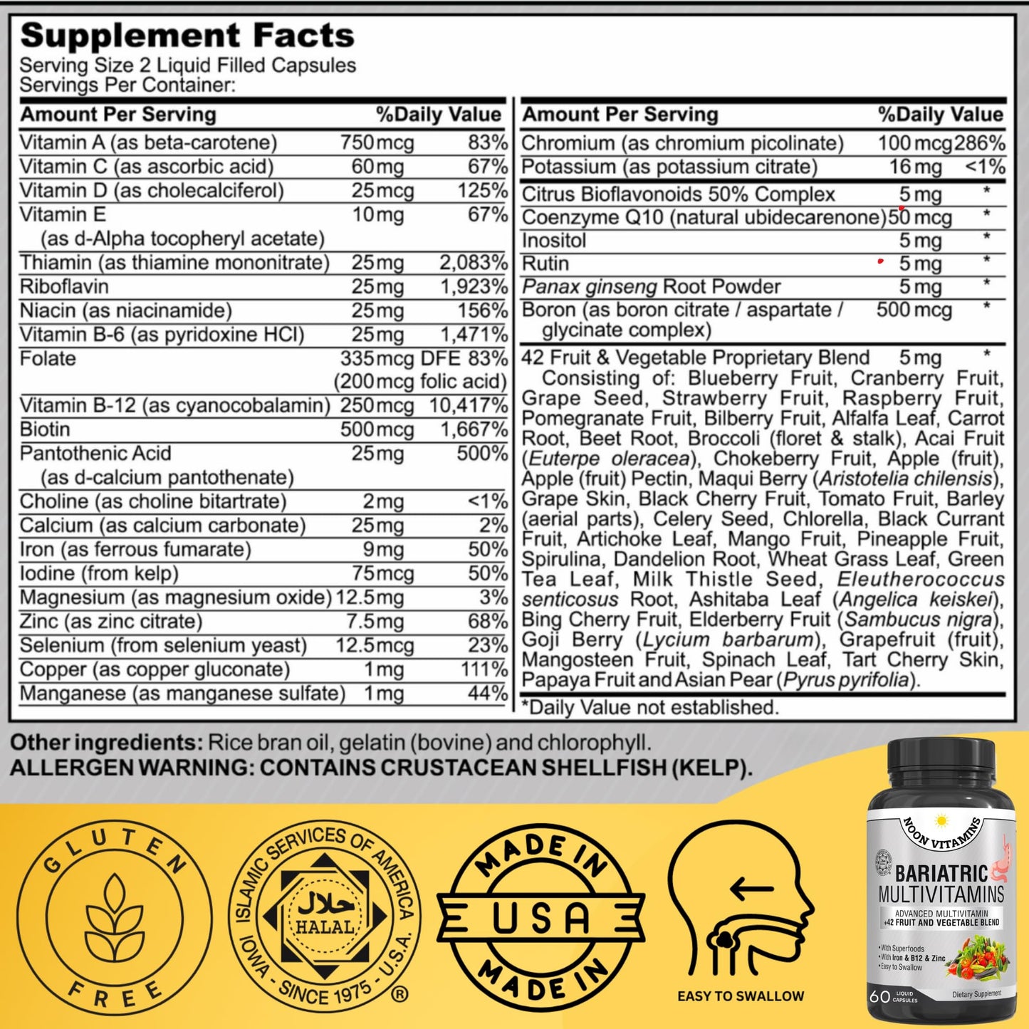 Bariatric Multivitamin with Iron – Halal, Made in USA, 42-Superfood Blend (60 Liquid Capsules)