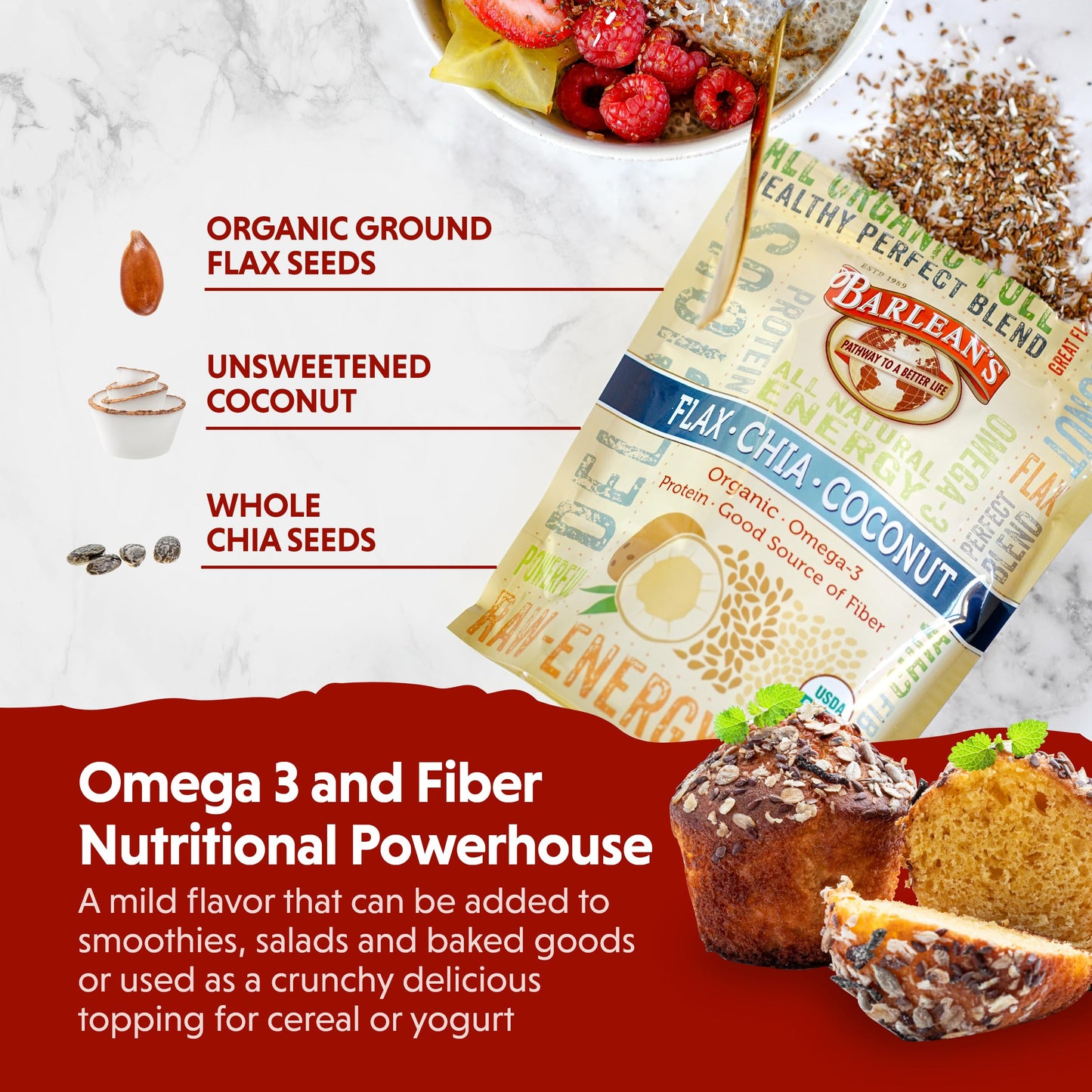Barlean's Organic Flax Chia Coconut Seed Blend – 12 oz | 2,330 mg Omega-3 (ALA) & Fiber