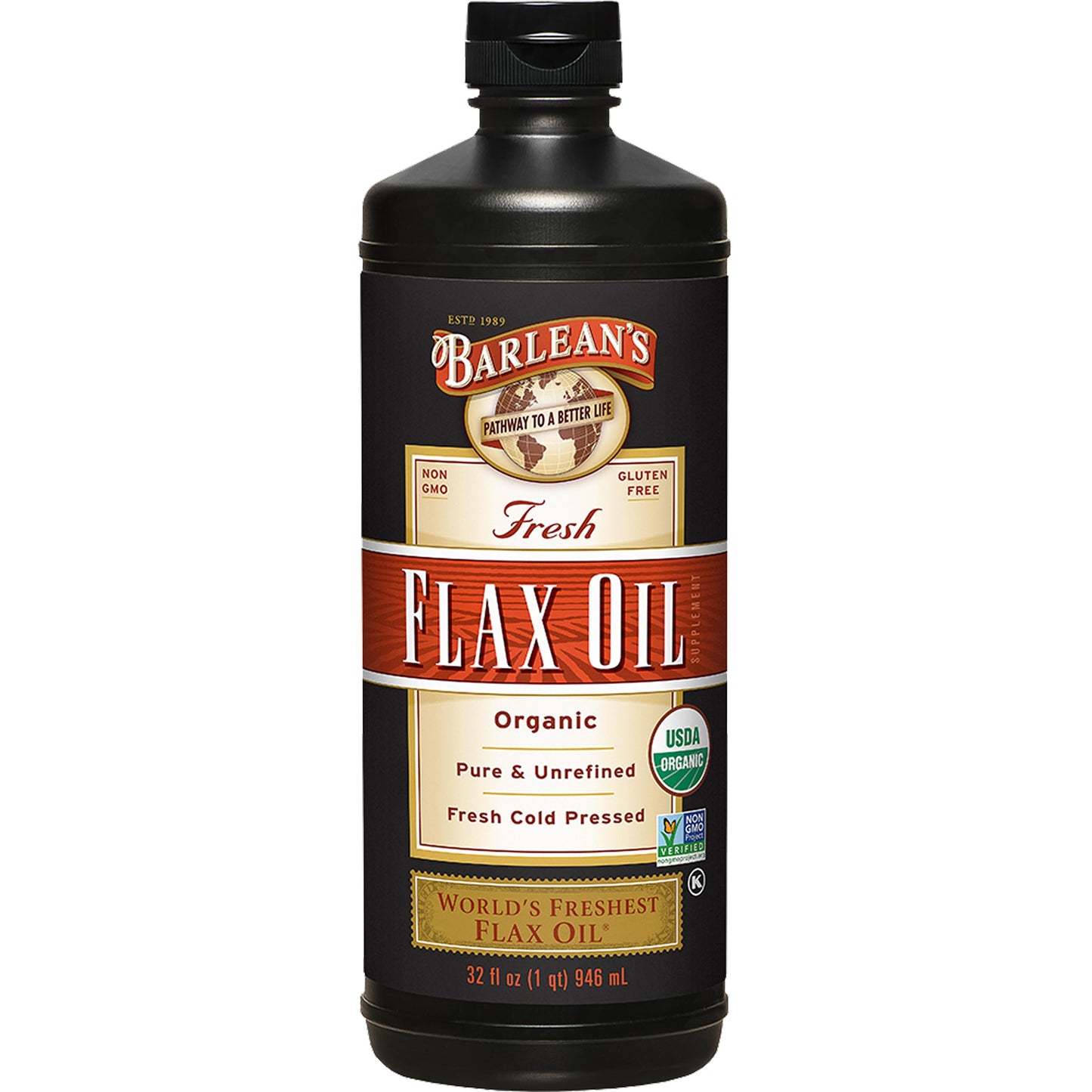 Barlean's Organic Flaxseed Oil Liquid Supplement – Cold-Pressed, 7,640 mg ALA Omega-3 per Tbsp, Vegan & Gluten Free, 32 oz