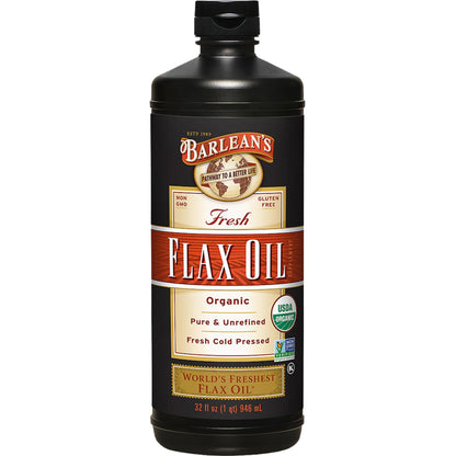 Barlean's Organic Flaxseed Oil Liquid Supplement – Cold-Pressed, 7,640 mg ALA Omega-3 per Tbsp, Vegan & Gluten Free, 32 oz