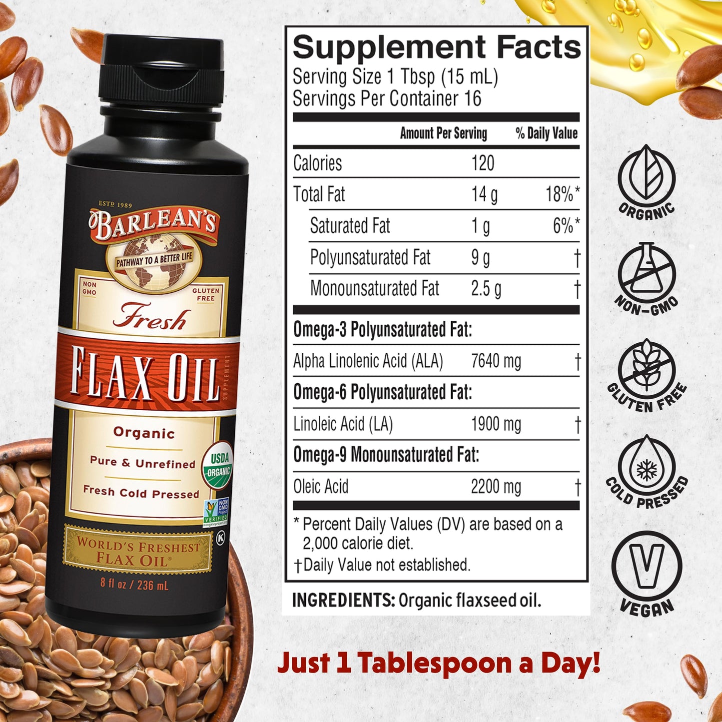 Barlean's Organic Flaxseed Oil - Cold-Pressed, 7,640 mg ALA Omega-3, 8 oz | Vegan & Gluten Free
