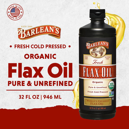 Barlean's Organic Flaxseed Oil Liquid Supplement – Cold-Pressed, 7,640 mg ALA Omega-3 per Tbsp, Vegan & Gluten Free, 32 oz