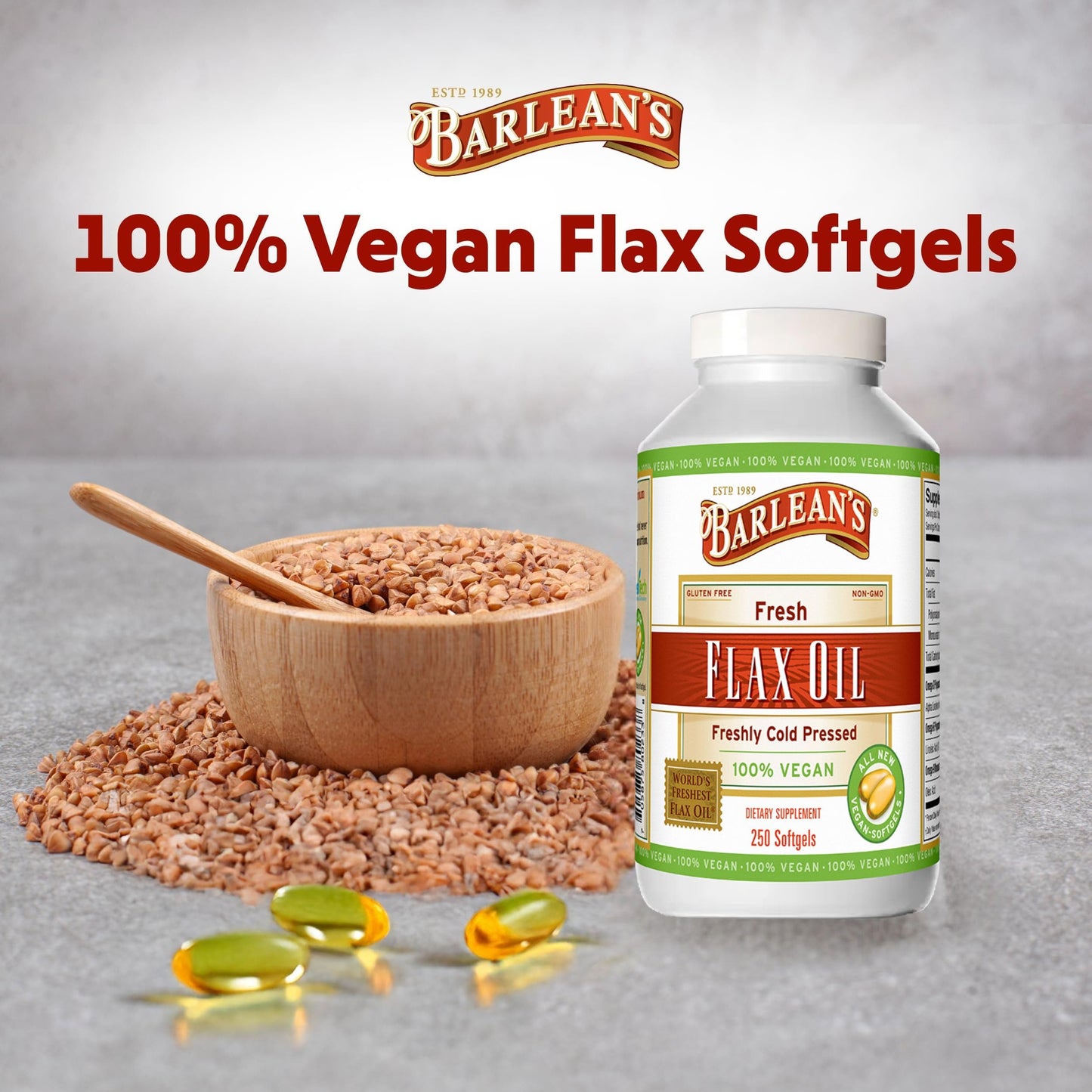 Barlean's Vegan Flaxseed Oil Softgels – 1650 mg ALA, Cold-Pressed, 250 Count