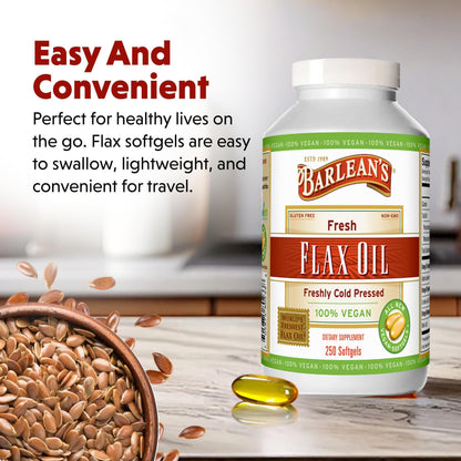 Barlean's Vegan Flaxseed Oil Softgels – 1650 mg ALA, Cold-Pressed, 250 Count