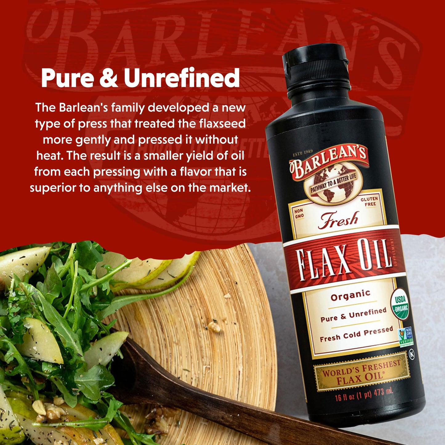 Barlean's Organic Flaxseed Oil Liquid Supplement – Cold-Pressed, 7,640 mg ALA Omega-3 per Tbsp, Vegan & Gluten Free, 32 oz