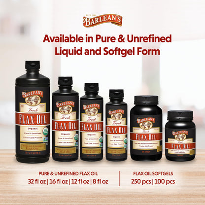 Barlean's Organic Flaxseed Oil Liquid Supplement – Cold-Pressed, 7,640 mg ALA Omega-3 per Tbsp, Vegan & Gluten Free, 32 oz