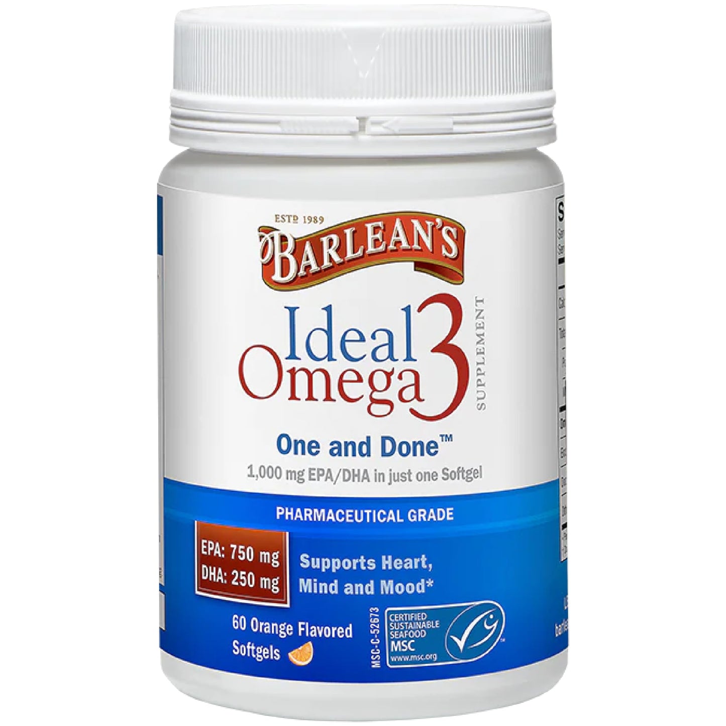 Barlean's Ideal Omega-3 Fish Oil Softgels 1000 mg – Orange Flavor, 60 ct