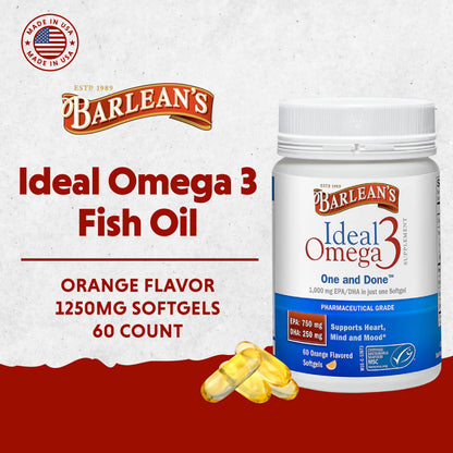 Barlean's Ideal Omega-3 Fish Oil Softgels 1000 mg – Orange Flavor, 60 ct