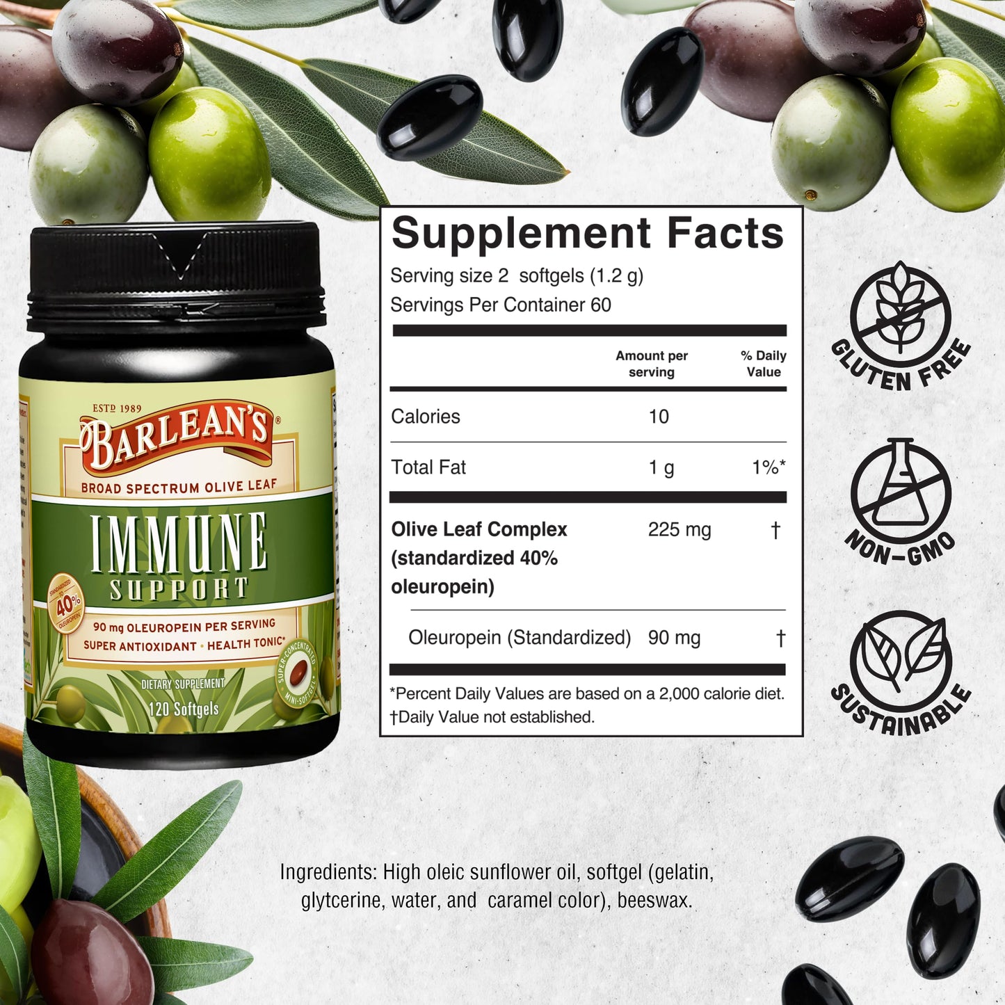 Barlean's Olive Leaf Complex Supplements – Immune Support Softgels, 95 mg Oleuropein, 120 Count
