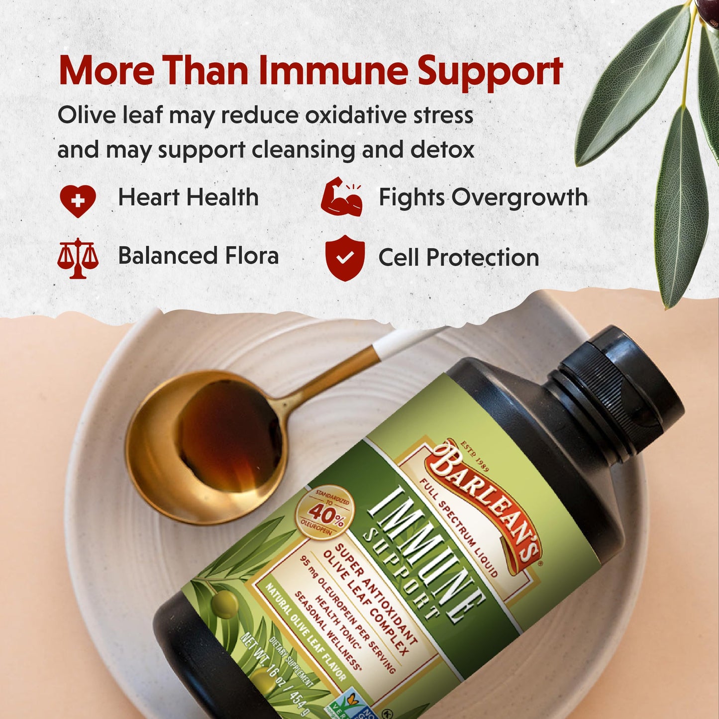 Barlean's Olive Leaf Complex Liquid Immune Support – 95 mg Oleuropein, 16 oz