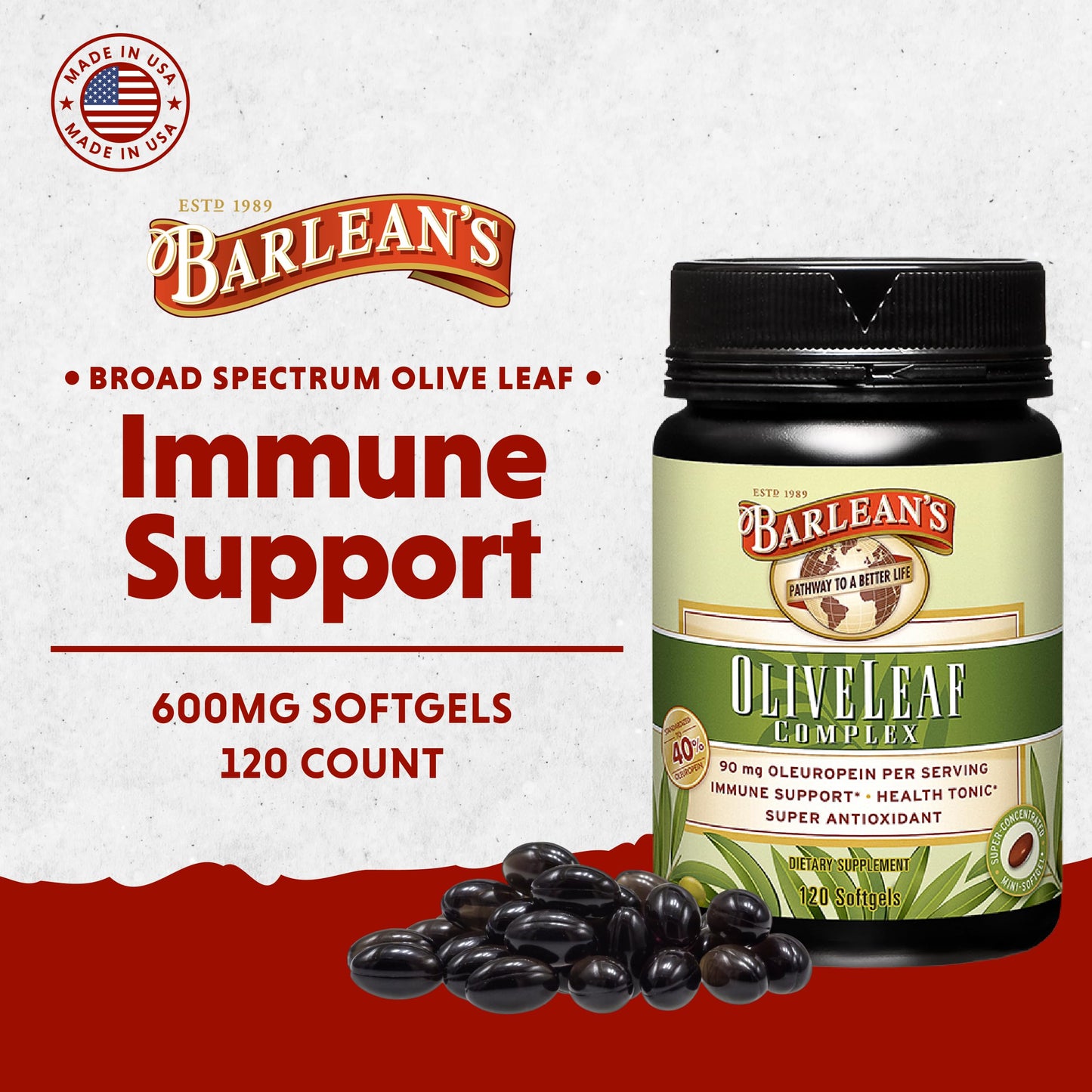 Barlean's Olive Leaf Complex Supplements – Immune Support Softgels, 95 mg Oleuropein, 120 Count
