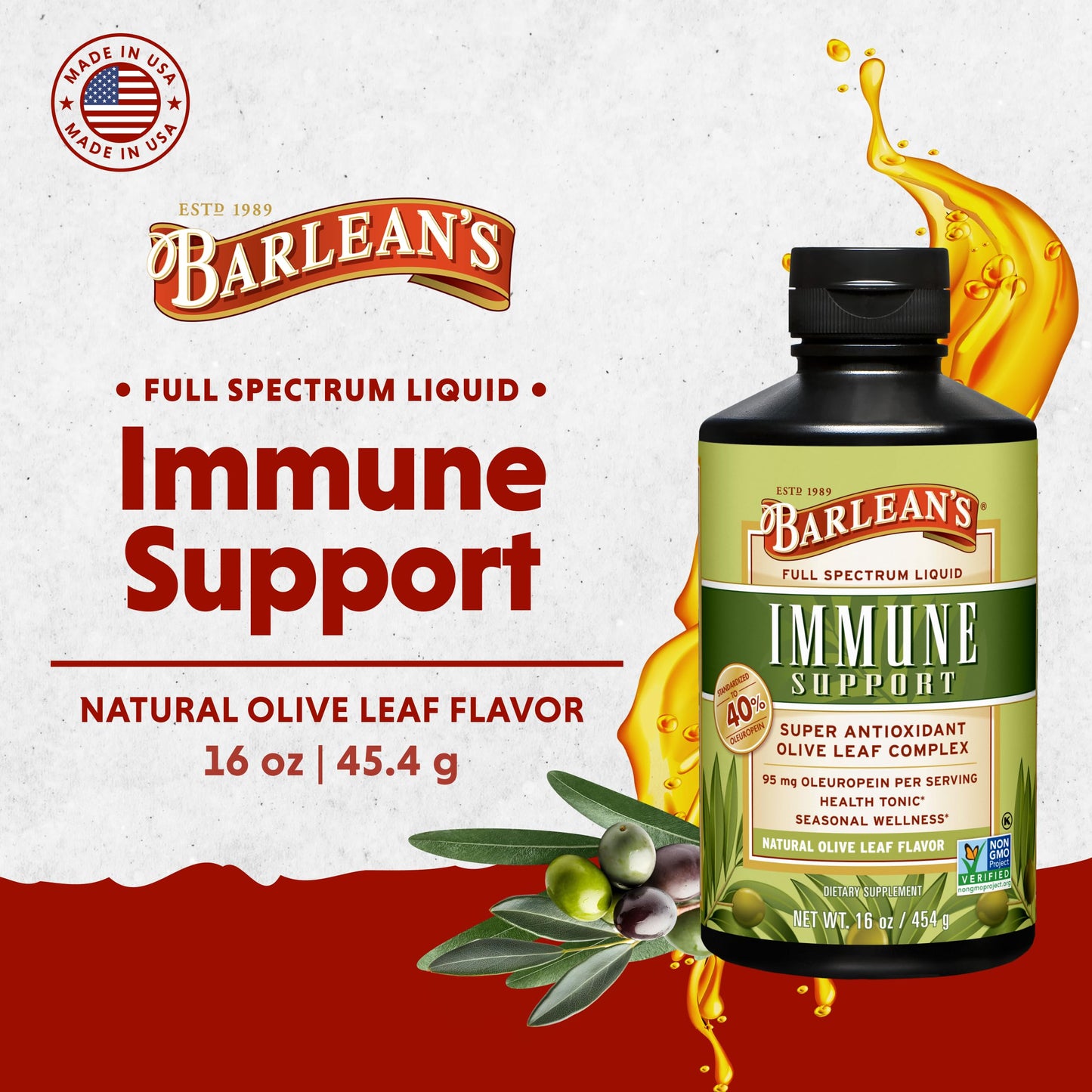 Barlean's Olive Leaf Complex Liquid Immune Support – 95 mg Oleuropein, 16 oz
