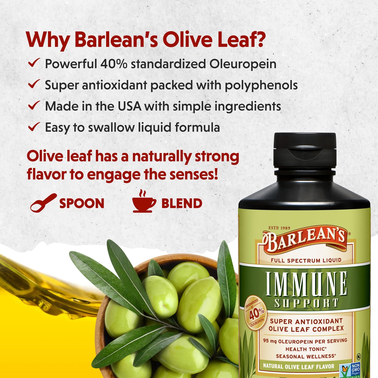 Barlean's Olive Leaf Complex Liquid Immune Support – 95 mg Oleuropein, 16 oz