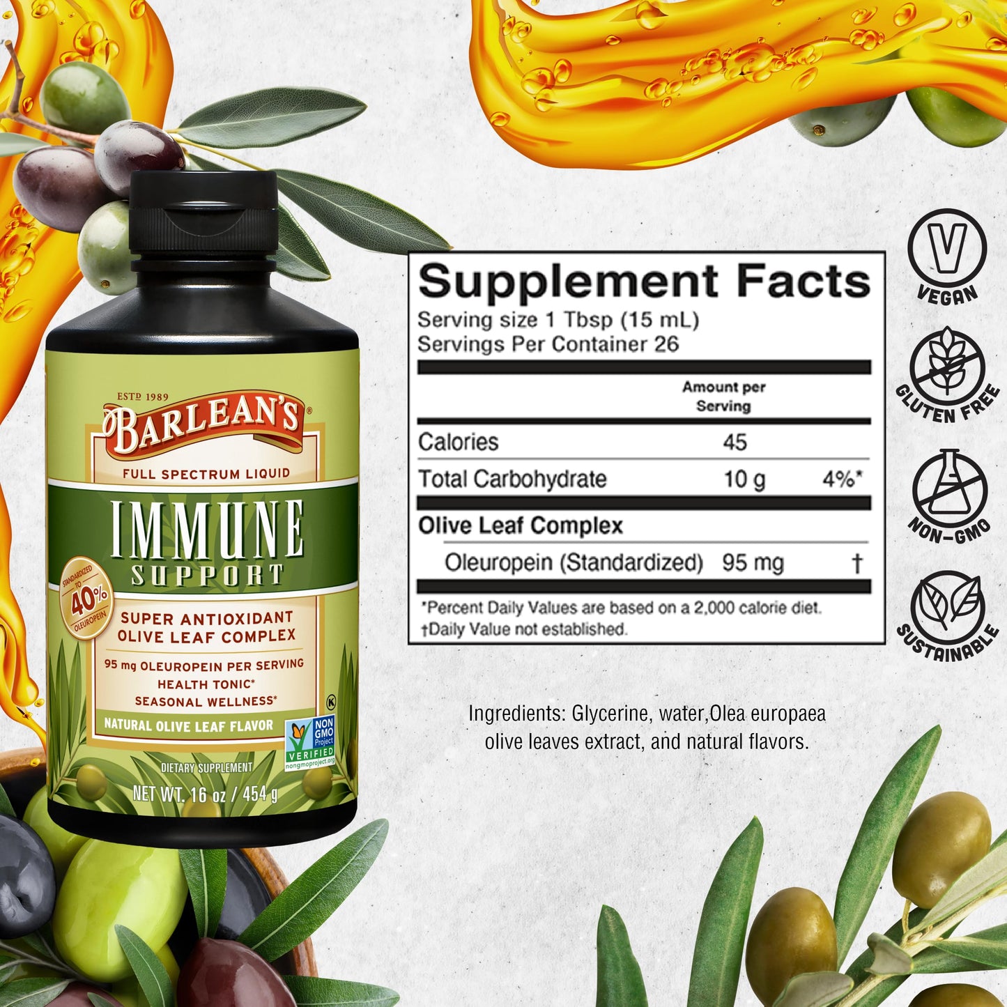 Barlean's Olive Leaf Complex Liquid Immune Support – 95 mg Oleuropein, 16 oz