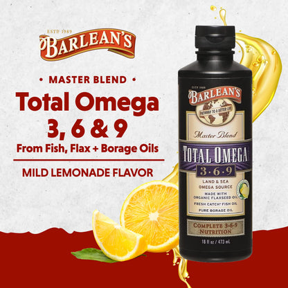 Barlean's Total Omega 3 6 9 Liquid – Lemon Flavor, 16 oz | 6,468 mg Omegas