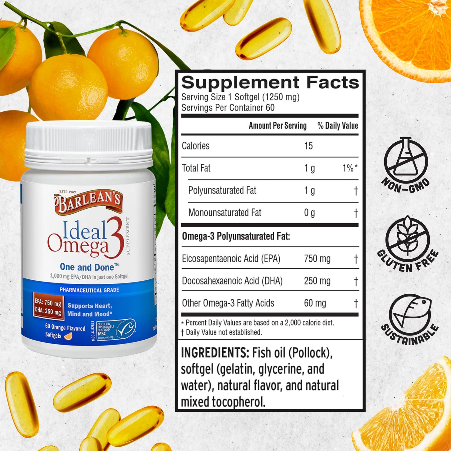 Barlean's Ideal Omega-3 Fish Oil Softgels 1000 mg – Orange Flavor, 60 ct